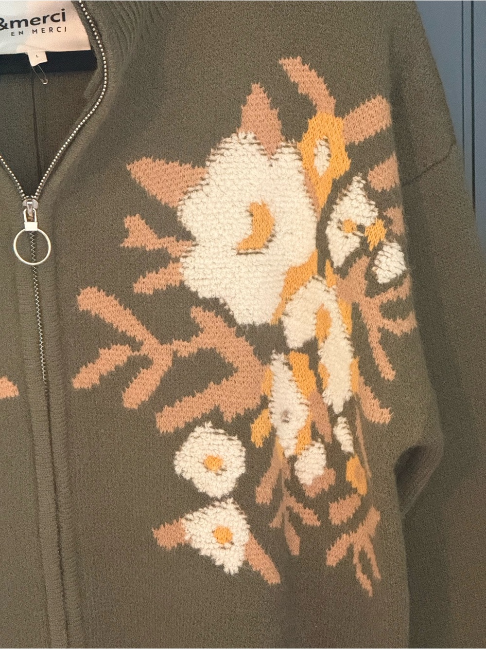 🫒 NEW &merci Women’s Olive Green Floral Zip-Up Sweater Jacket Size L - Picture 5 of 13